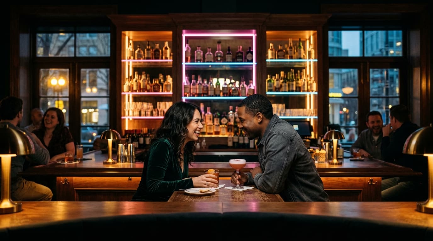 A wide 24mm shot of an intimate, dimly lit speakeasy bar in Logan Circle. A couple sits at a mahogany counter, drinks betw...