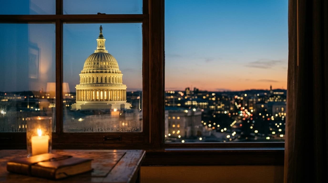 An 85mm medium shot from a warm, candle-lit interior looking through a window at the illuminated dome of the Capitol build...