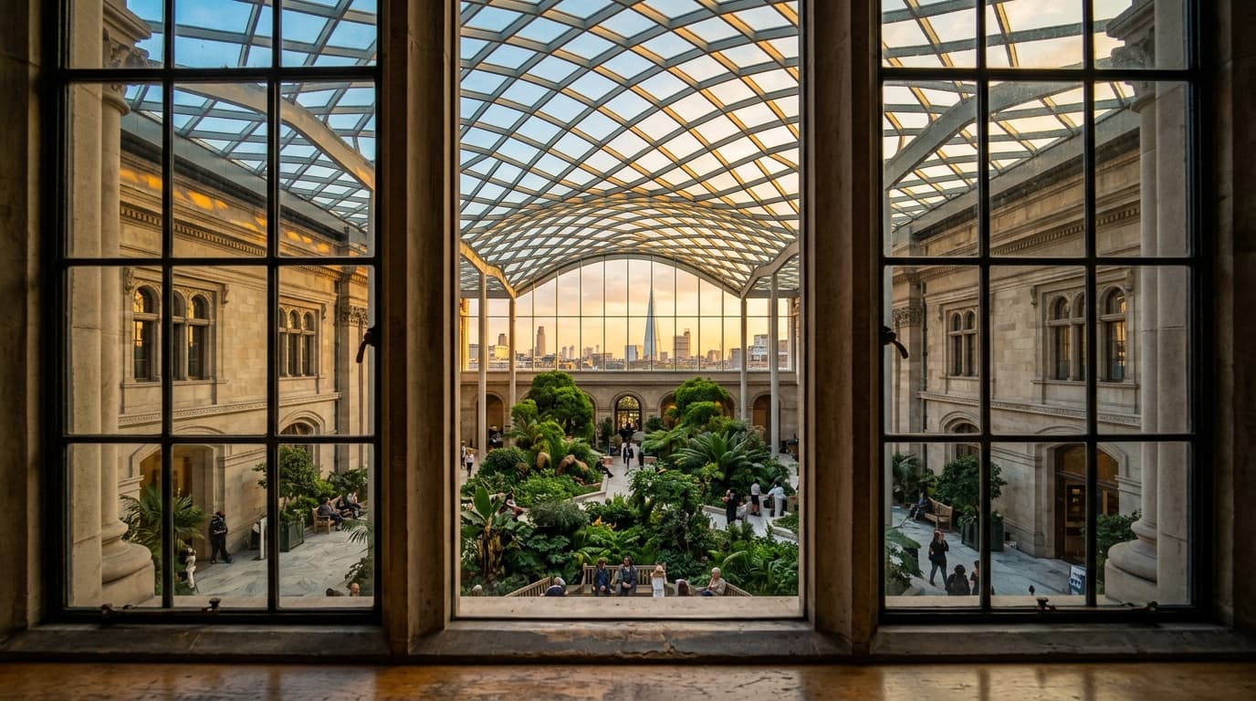 A 24mm wide-angle shot through a window at noon captures the symmetrical, glass-roofed courtyard of the National Portrait...