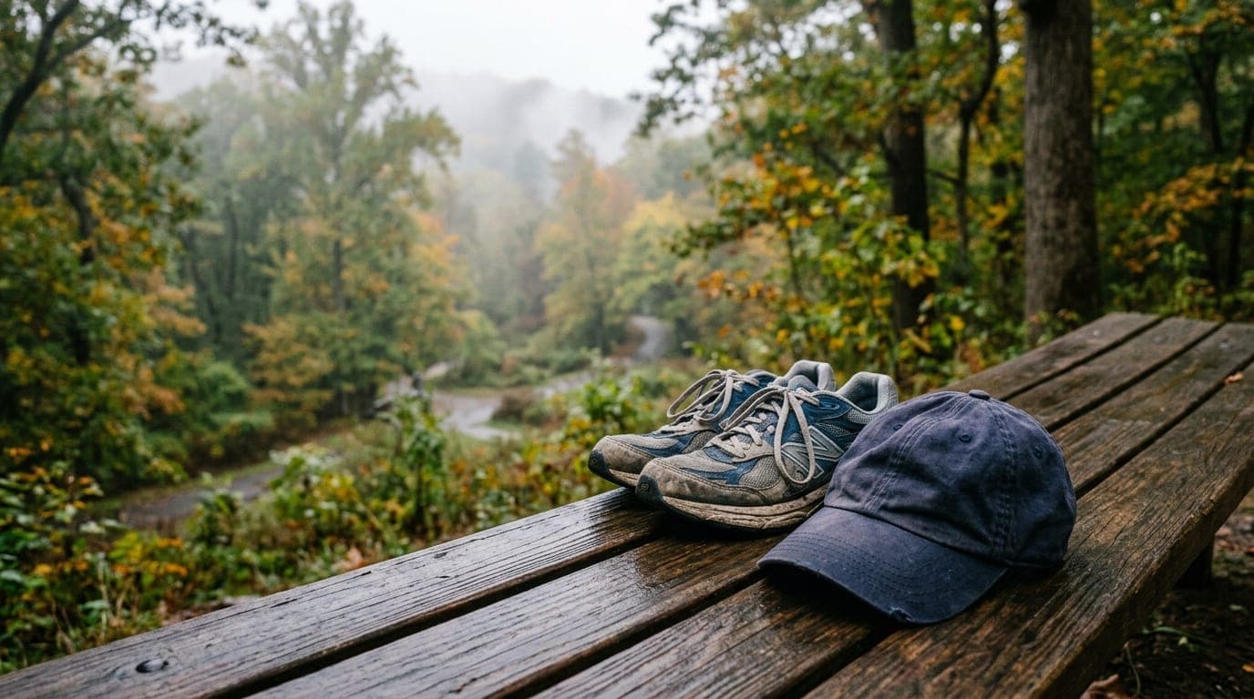 35mm documentary shot, overcast morning. A pair of well-worn running sneakers and a damp baseball cap rest on a wooden par...
