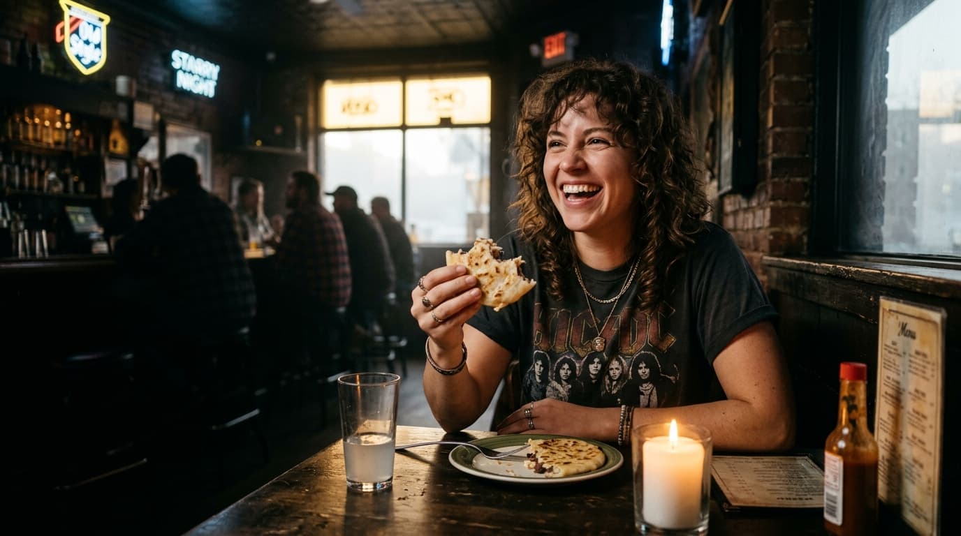 A woman in a vintage band tee sits at a candle-lit corner table in a dimly lit dive bar, laughing while holding a half-eat...