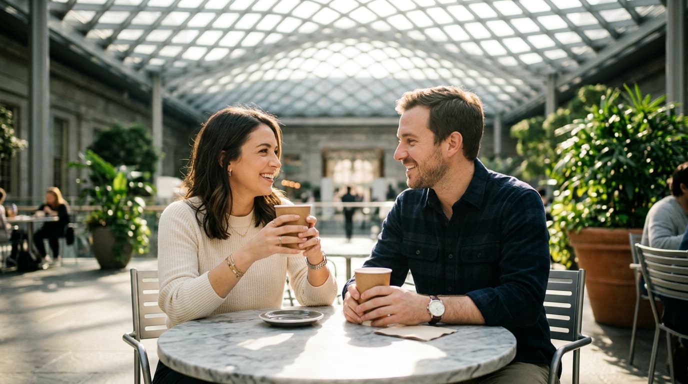 A man and woman sit at a marble café table in the Kogod Courtyard, holding paper coffee cups. Sunlight streams through the...
