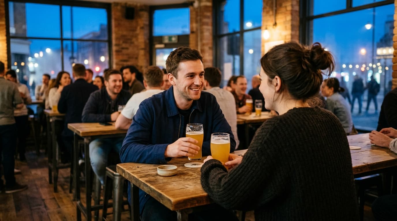 A couple shares a craft beer at a high-top table inside a bustling Westminster brewery. Soft ambient light hits their glas...