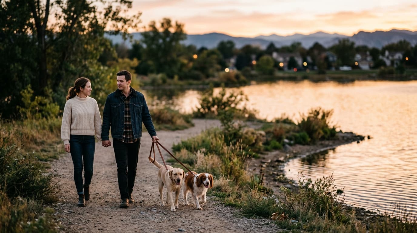 A couple walks along the Standley Lake shoreline at sunset. The woman wears a cream sweater; the man in a denim jacket hol...