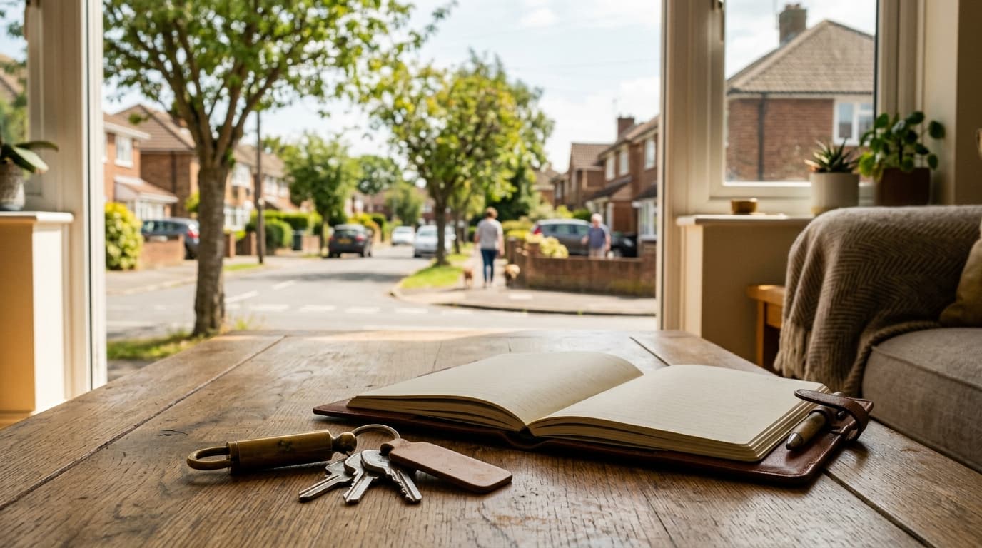 A set of car keys and an open leather planner lie on a sun-drenched oak coffee table in a suburban Westminster living room...