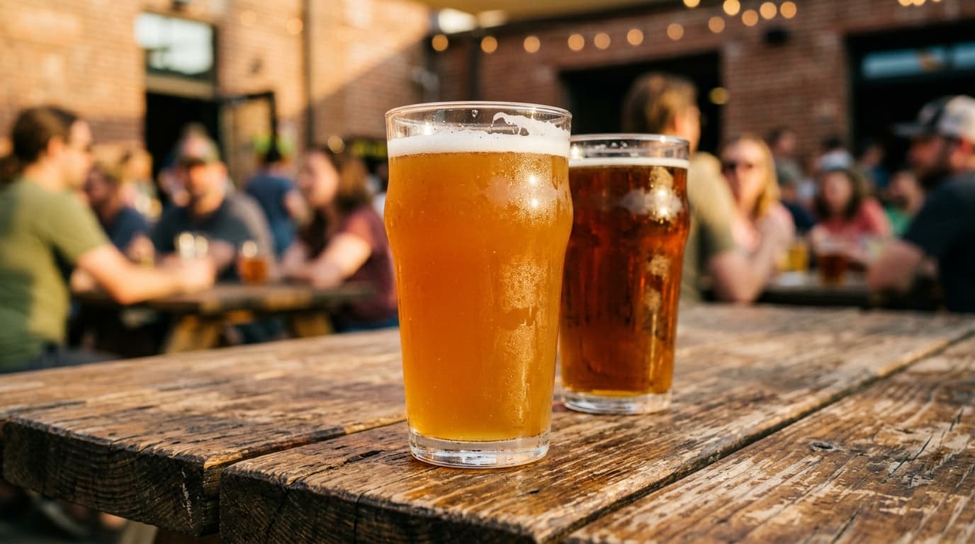 Golden hour sun illuminates two craft beer glasses on a weathered wood picnic table at Westminster Brewing Co., soft bokeh...