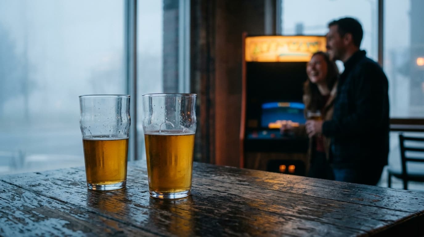 A low-angle, shallow-depth shot of two craft beer glasses on a weathered wooden table at Frolic Brewing. In the background...