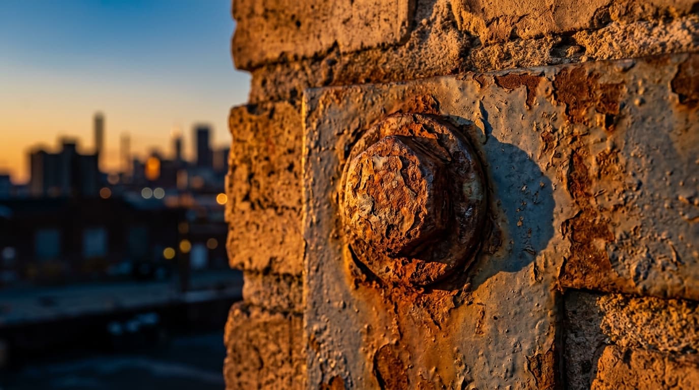A tight 100mm macro shot captures the weathered, rusted texture of an iron rivet on a historic Soda Pop District warehouse...