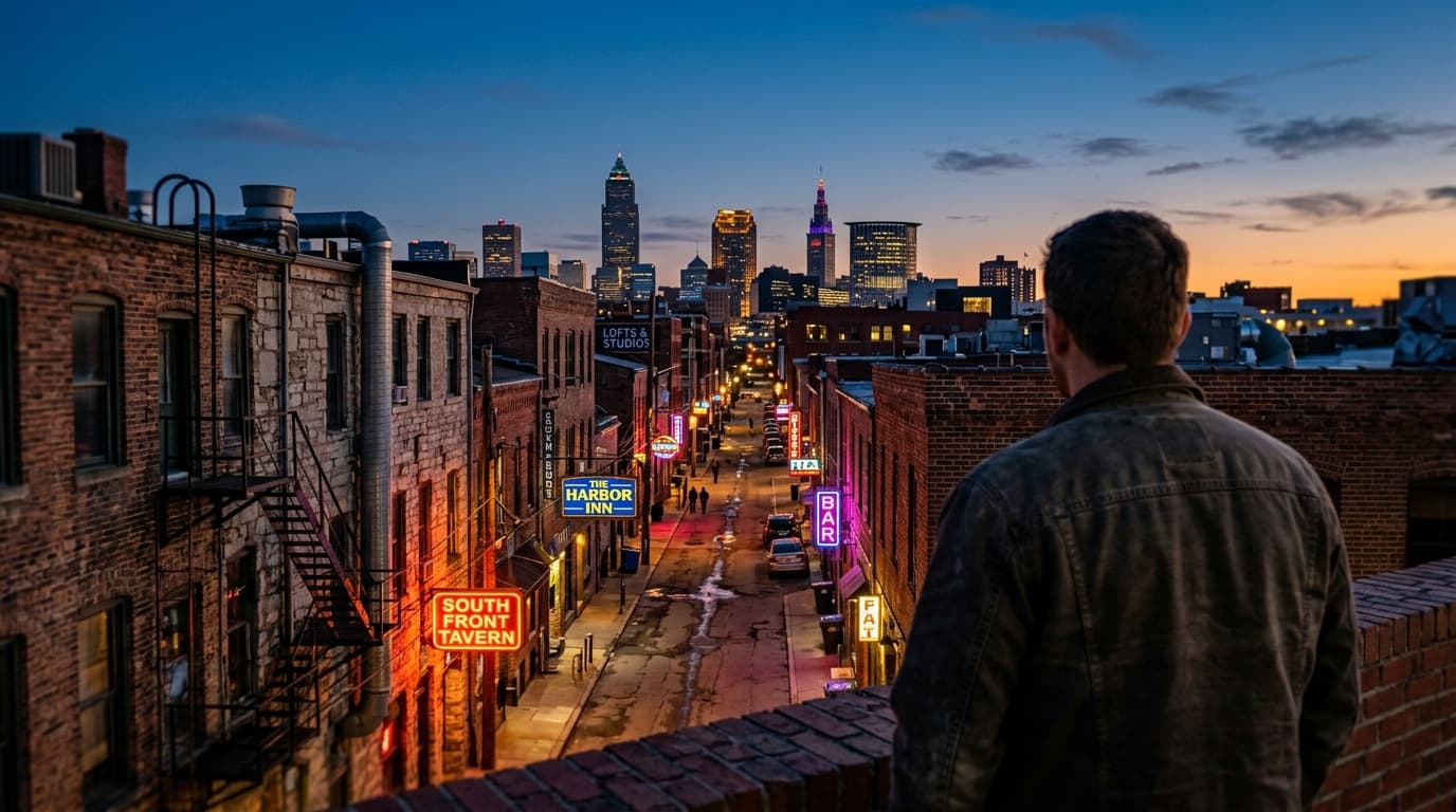 A tilt-shift, over-the-shoulder view of the glowing neon signs of the South Front District at blue hour, with leading line...