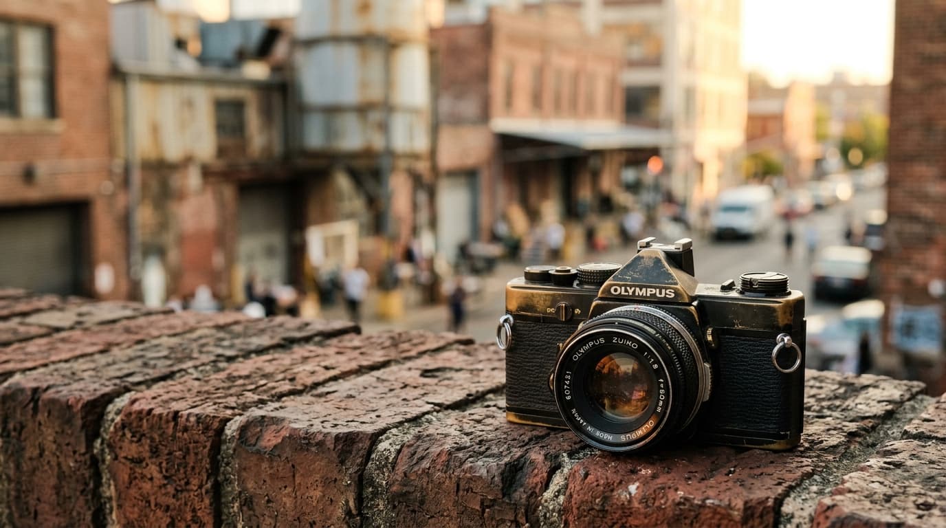 An extreme macro shot captures a vintage film camera resting on a weathered brick wall in the Cargo District. Golden hour...