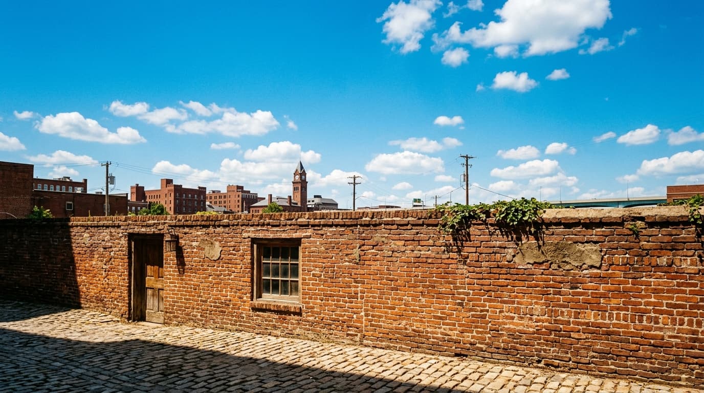 A sun-drenched, weathered brick wall in the Cargo District sits in the lower third, casting sharp shadows across a quiet,...