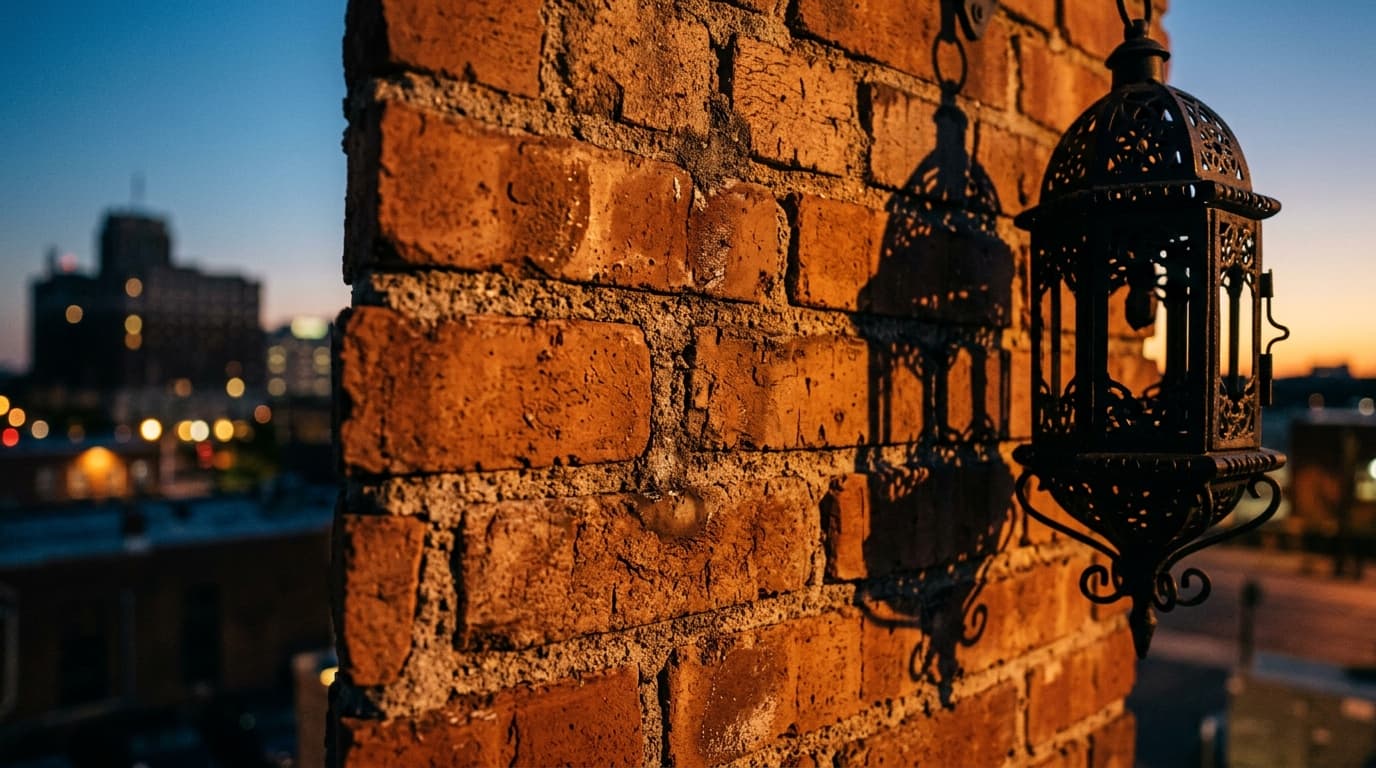 A macro, golden-hour extreme close-up of a weathered, sun-warmed brick wall outside a downtown Wilmington speakeasy, showi...