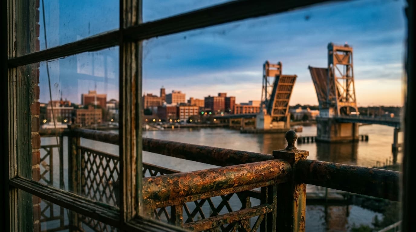 A close-up 35mm documentary shot through a window at noon captures the rusted, weathered metal of a downtown Wilmington ri...