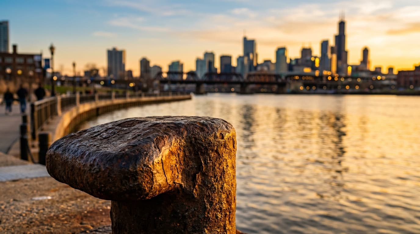 An extreme macro shot captures the warm, golden light reflecting off the rusted iron surface of a riverfront bollard, with...
